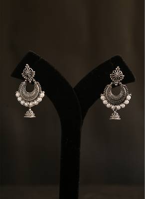 Oxidized silver chandbali jhumka earrings with faux pearl drops 2