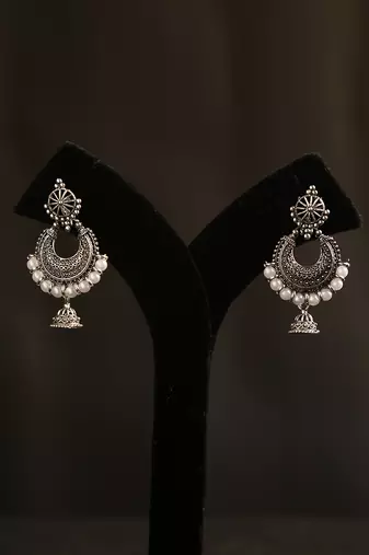 Oxidized silver chandbali jhumka earrings with faux pearl drops