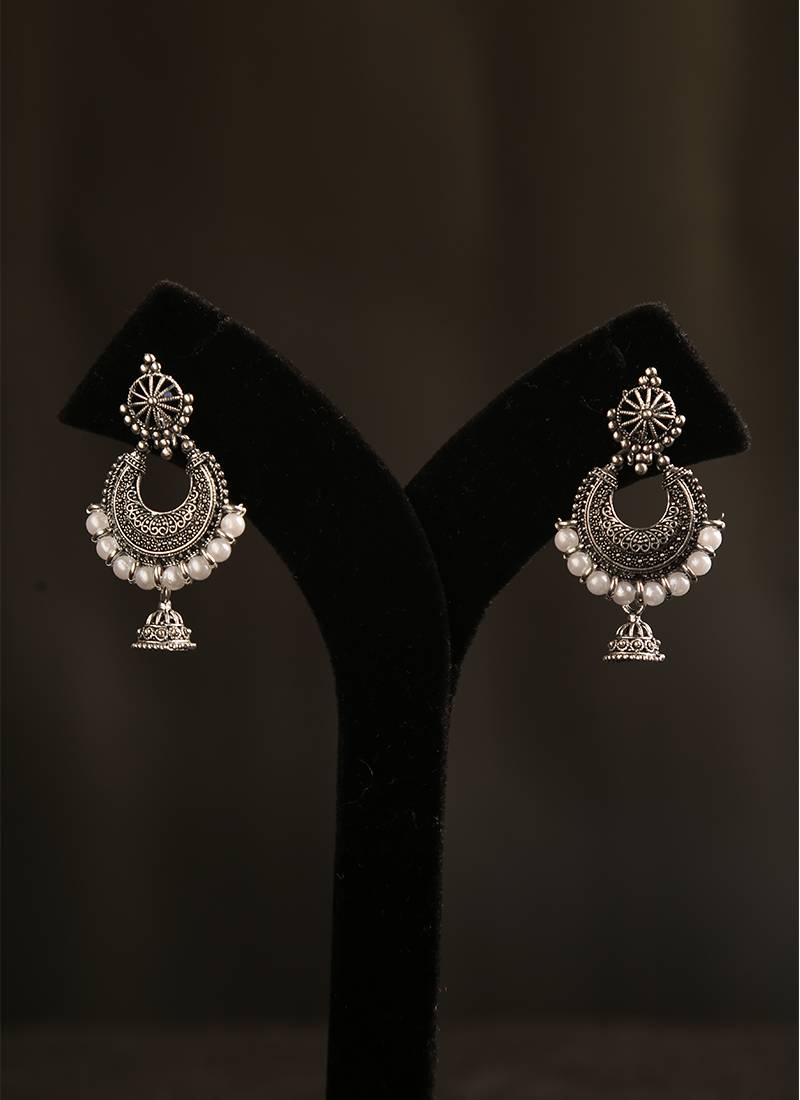Oxidized silver chandbali jhumka earrings with faux pearl drops