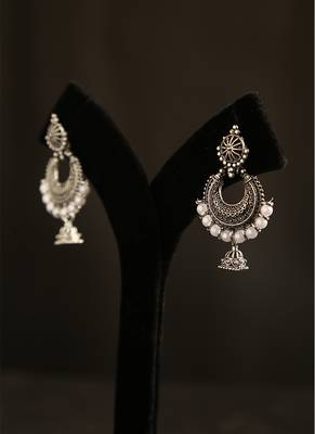Oxidized silver chandbali jhumka earrings with faux pearl drops 3