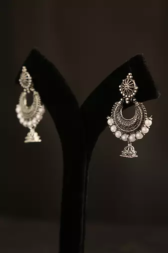 Oxidized silver chandbali jhumka earrings with faux pearl drops