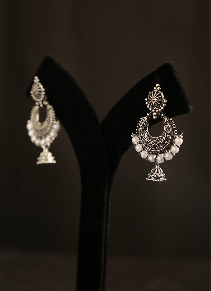 Oxidized silver chandbali jhumka earrings with faux pearl drops