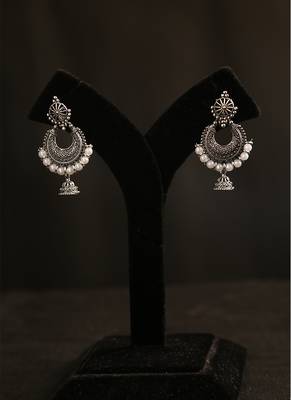 Oxidized silver chandbali jhumka earrings with faux pearl drops 4