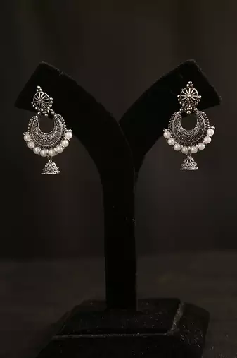 Oxidized silver chandbali jhumka earrings with faux pearl drops