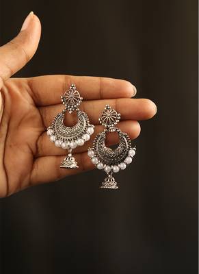 Oxidized silver chandbali jhumka earrings with faux pearl drops 1