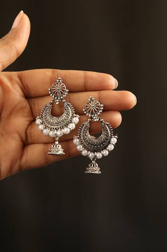 Oxidized silver chandbali jhumka earrings with faux pearl drops