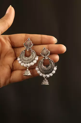 Oxidized silver chandbali jhumka earrings with faux pearl drops