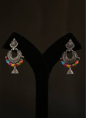 Oxidized silver multicolor bead crescent jhumka earrings 2