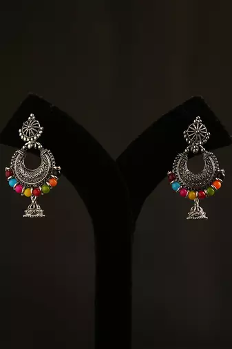 Oxidized silver multicolor bead crescent jhumka earrings