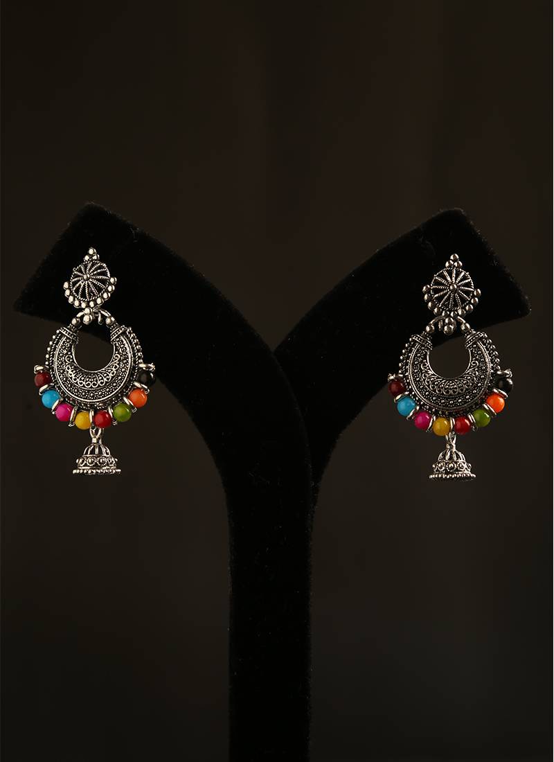 Oxidized silver multicolor bead crescent jhumka earrings
