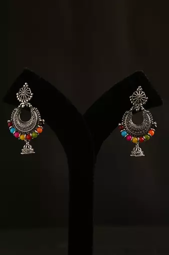 Oxidized silver multicolor bead crescent jhumka earrings