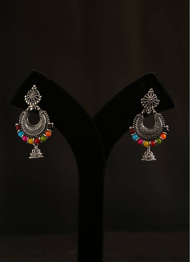 Oxidized silver multicolor bead crescent jhumka earrings
