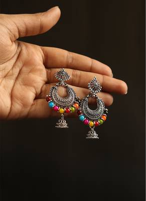 Oxidized silver multicolor bead crescent jhumka earrings 1