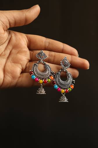 Oxidized silver multicolor bead crescent jhumka earrings