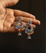 Oxidized silver multicolor bead crescent jhumka earrings