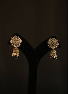 Antique gold floral mandala jhumka earrings with black beads 1