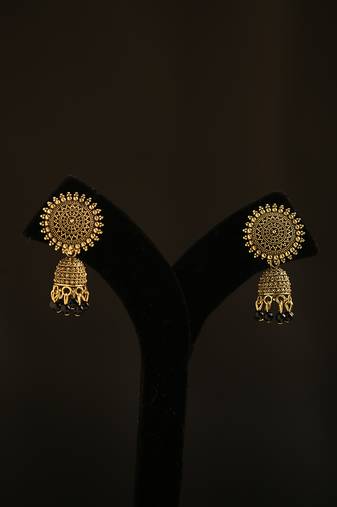 Antique gold floral mandala jhumka earrings with black beads