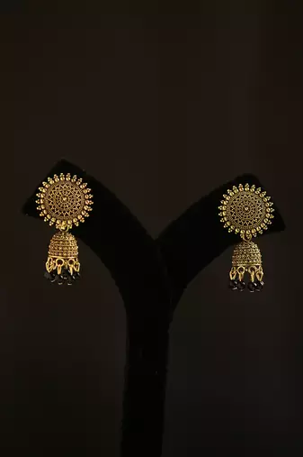 Antique gold floral mandala jhumka earrings with black beads
