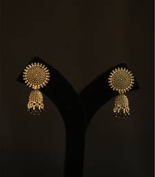 Antique gold floral mandala jhumka earrings with black beads