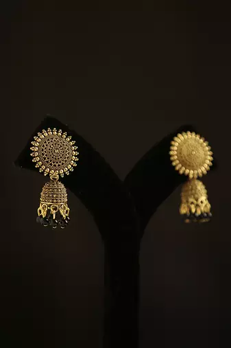 Antique gold floral mandala jhumka earrings with black beads