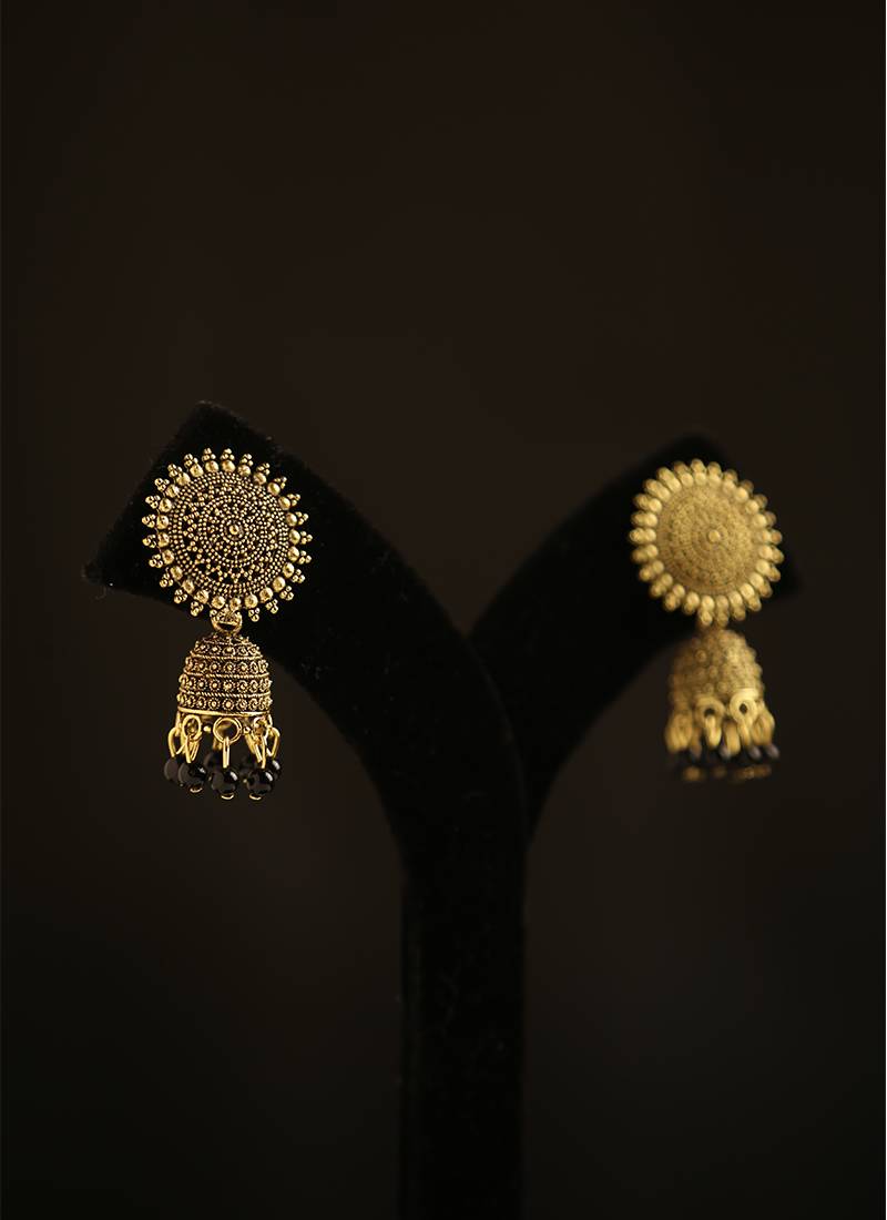 Antique gold floral mandala jhumka earrings with black beads