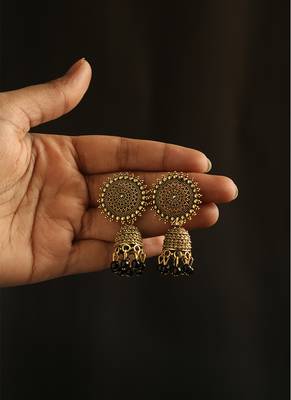 Antique gold floral mandala jhumka earrings with black beads 3