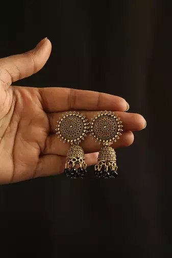 Antique gold floral mandala jhumka earrings with black beads