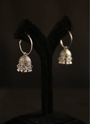 Oxidized silver hoop jhumka earrings with ghungroo bell fringe 2