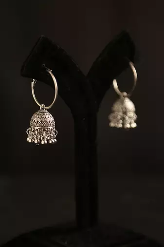 Oxidized silver hoop jhumka earrings with ghungroo bell fringe