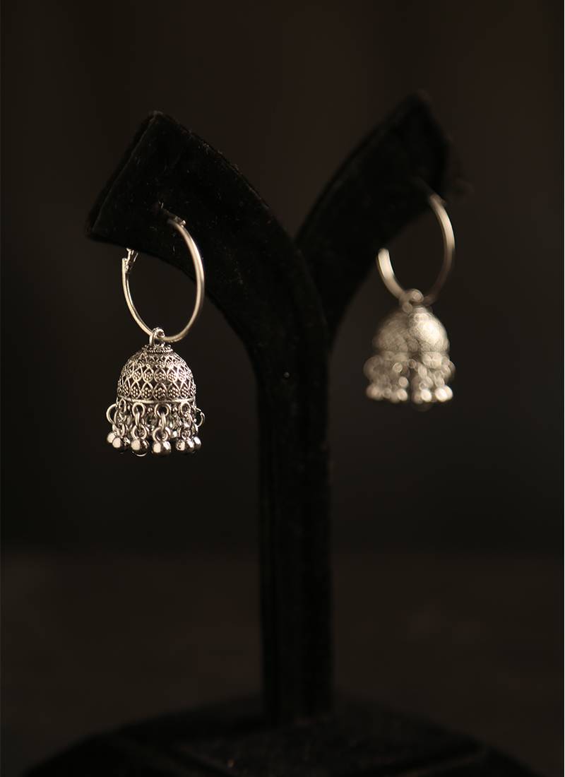 Oxidized silver hoop jhumka earrings with ghungroo bell fringe