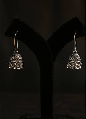 Oxidized silver hoop jhumka earrings with ghungroo bell fringe 3