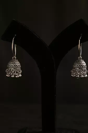 Oxidized silver hoop jhumka earrings with ghungroo bell fringe