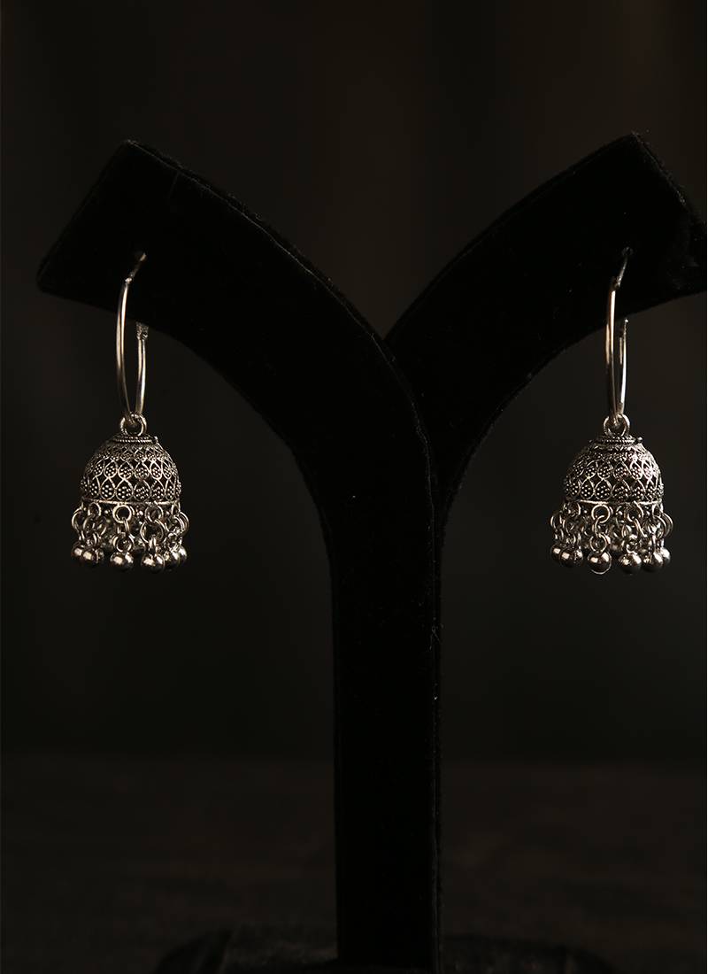 Oxidized silver hoop jhumka earrings with ghungroo bell fringe