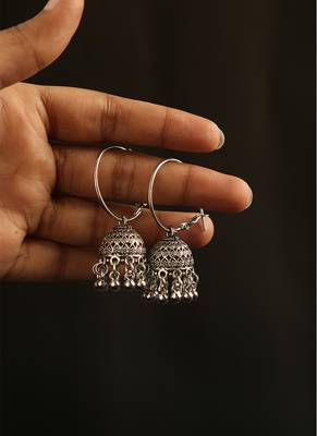 Oxidized silver hoop jhumka earrings with ghungroo bell fringe 1