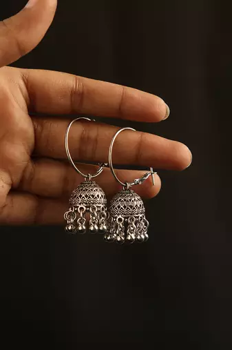 Oxidized silver hoop jhumka earrings with ghungroo bell fringe
