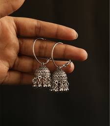 Oxidized silver hoop jhumka earrings with ghungroo bell fringe