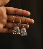 Oxidized silver hoop jhumka earrings with ghungroo bell fringe