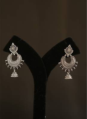 Oxidized silver crescent jhumka earrings with black bead accents 2