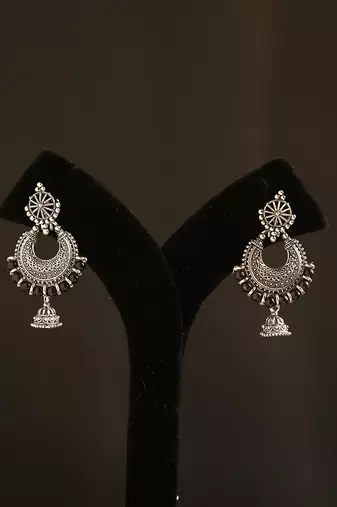 Oxidized silver crescent jhumka earrings with black bead accents