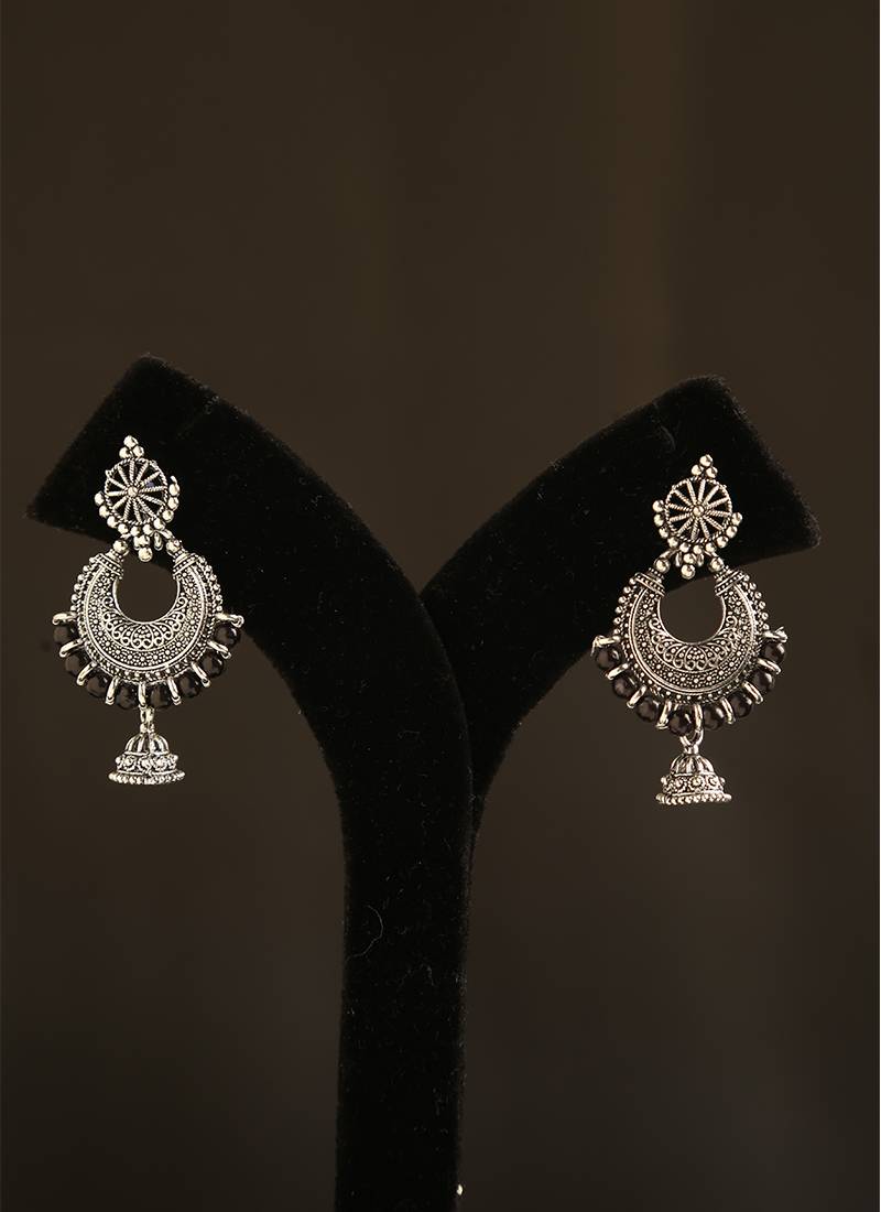 Oxidized silver crescent jhumka earrings with black bead accents
