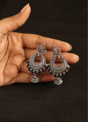 Oxidized silver crescent jhumka earrings with black bead accents 1