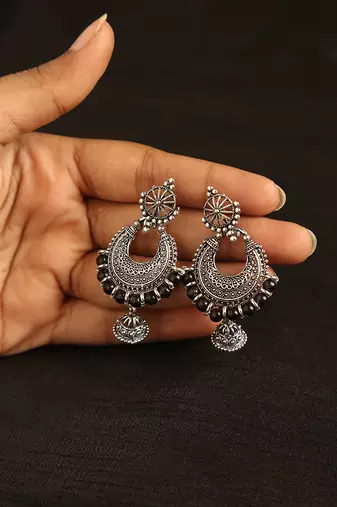 Oxidized silver crescent jhumka earrings with black bead accents