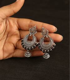 Oxidized silver crescent jhumka earrings with black bead accents