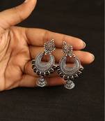Oxidized silver crescent jhumka earrings with black bead accents