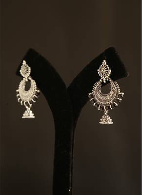 Oxidized silver crescent jhumka earrings with black bead accents 3