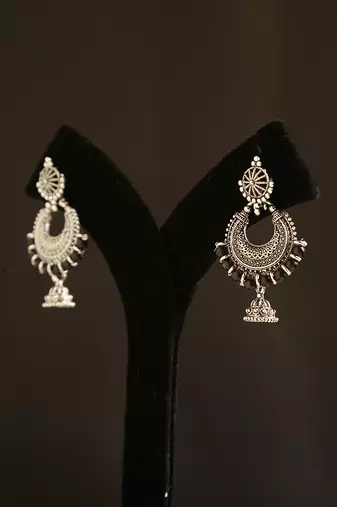 Oxidized silver crescent jhumka earrings with black bead accents