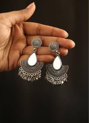 Oxidized silver teardrop mirror fan earrings with ghungroo drops 1