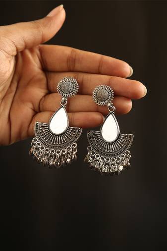 Oxidized silver teardrop mirror fan earrings with ghungroo drops