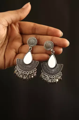 Oxidized silver teardrop mirror fan earrings with ghungroo drops