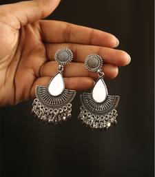 Oxidized silver teardrop mirror fan earrings with ghungroo drops